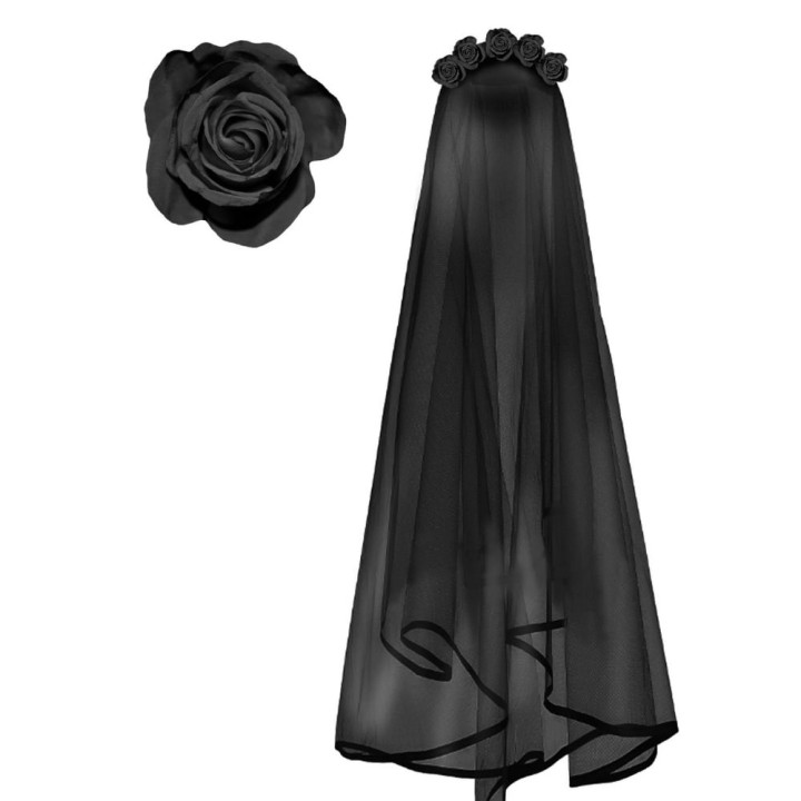 Voile noir roses noires 80 cm - Accessoire déguisement Halloween