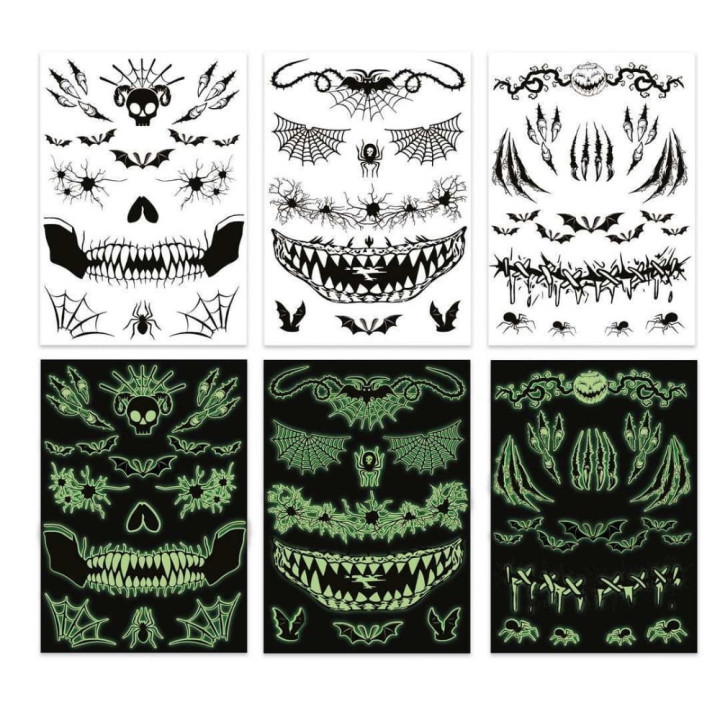 Tatouages tête de mort phosphorescents - Accessoire déguisement Halloween
