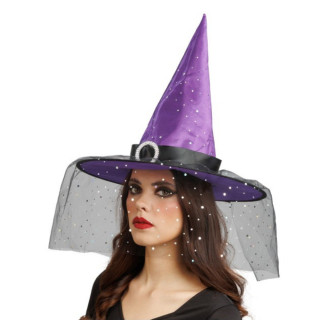 Chapeau sorcière pailleté et voile - Accessoire de déguisement