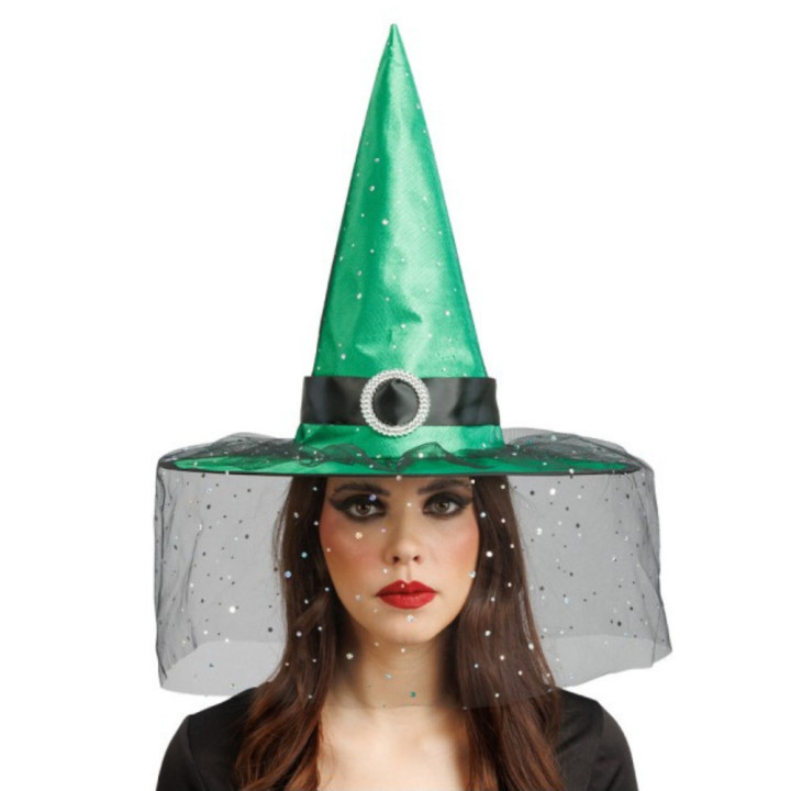 Chapeau sorcière pailleté et voile - Accessoire de déguisement