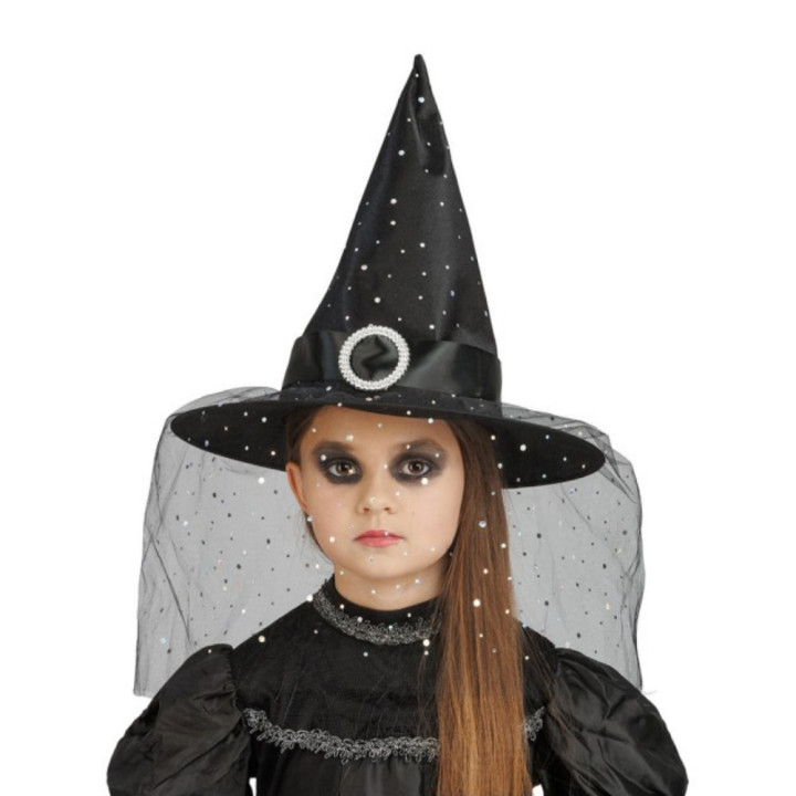 Chapeau sorcière enfant et voile pailleté - Accessoire de déguisement