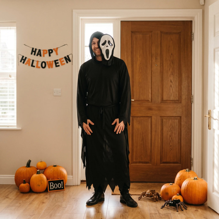 Costume Fantôme Noir avec Masque - Déguisement Homme Halloween