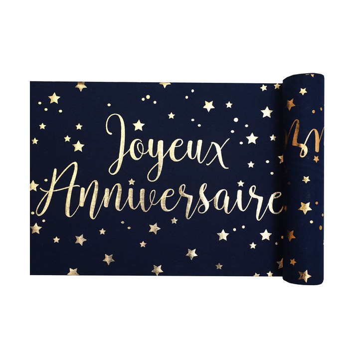 Chemin de table joyeux anniversaire marine et or - Décoration de table