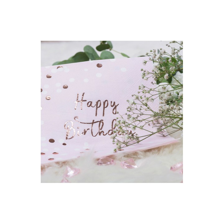 16 Serviettes Happy birthday et confettis rose gold - Anniversaire