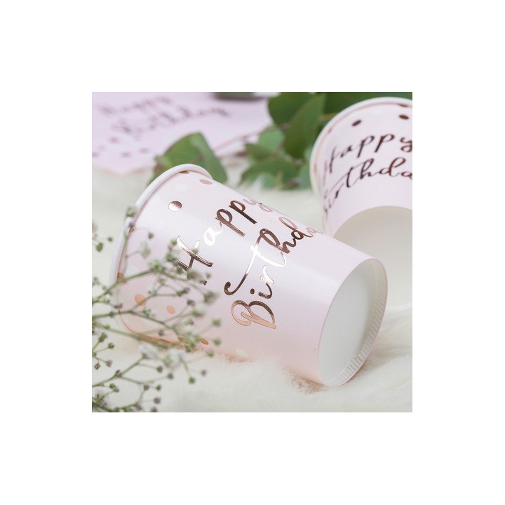8 Gobelets carton Happy birthday et confettis rose gold - Anniversaire