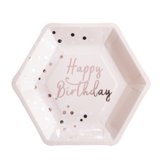 8 Assiettes carton Happy birthday et confettis rose gold - Anniversaire