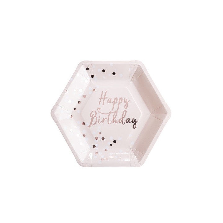 8 Assiettes carton Happy birthday et confettis rose gold - Anniversaire