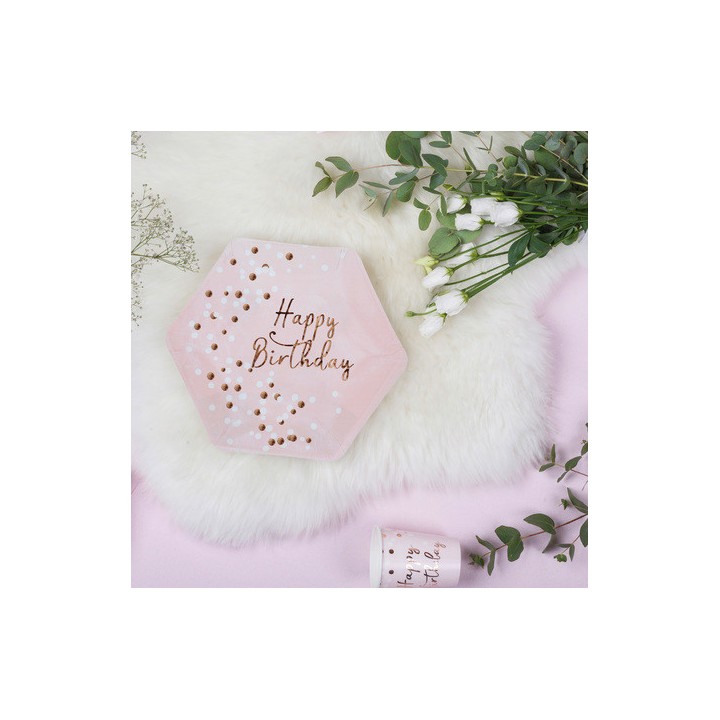 8 Assiettes carton Happy birthday et confettis rose gold - Anniversaire