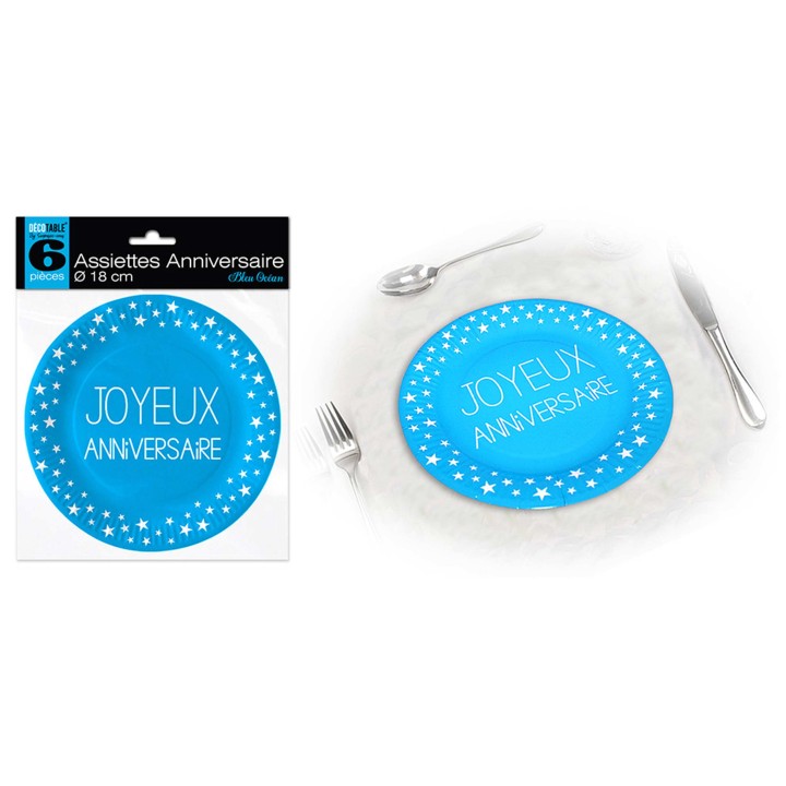 Assiettes carton PM Joyeux anniversaire turquoise - La table - articles de fête