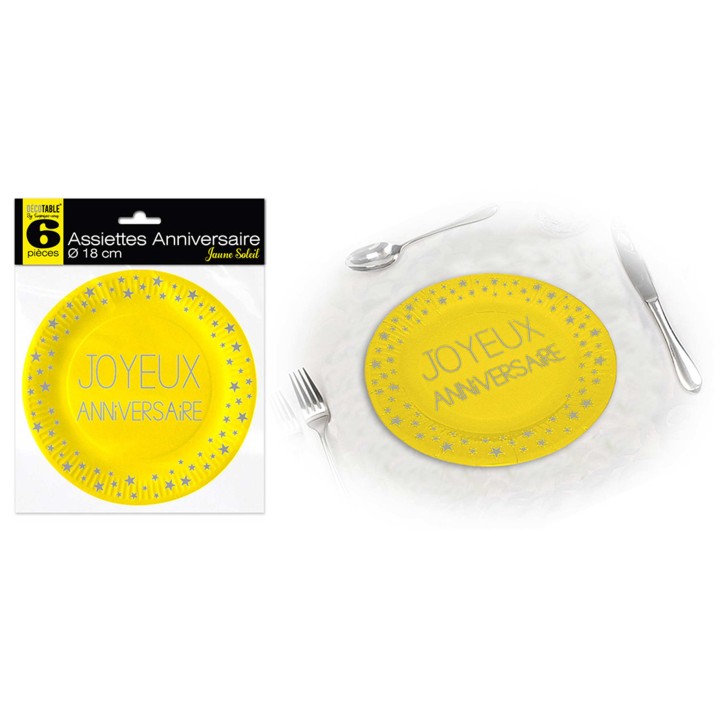 Assiettes carton PM Joyeux anniversaire jaune - La table - articles de fête