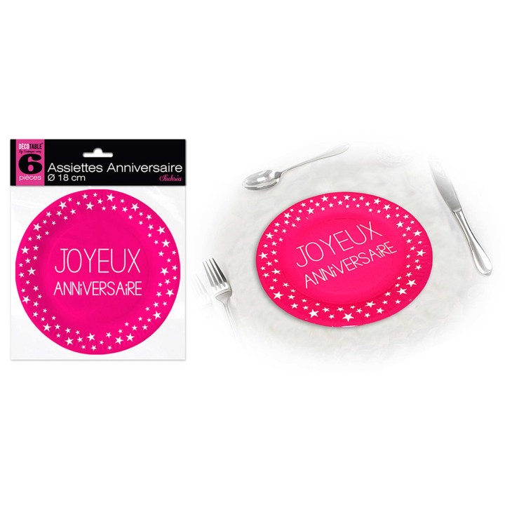 Assiettes carton GM Joyeux anniversaire fuschia - La table - articles de fête