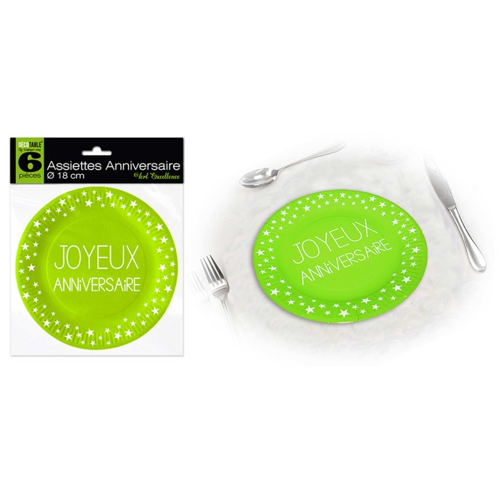 Assiettes carton GM Joyeux anniversaire vert - La table - articles de fête