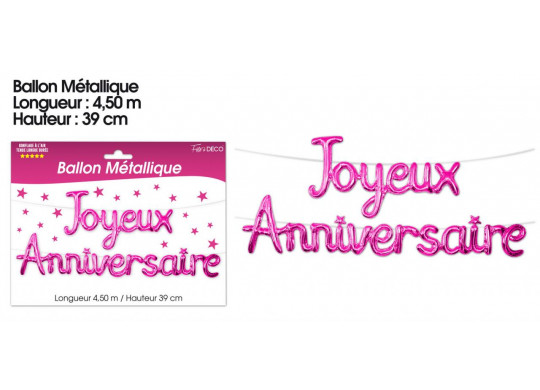 Ballon métallique joyeux anniversaire fuschia