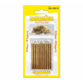 10 Bougies pailletées or avec support - Anniversaire